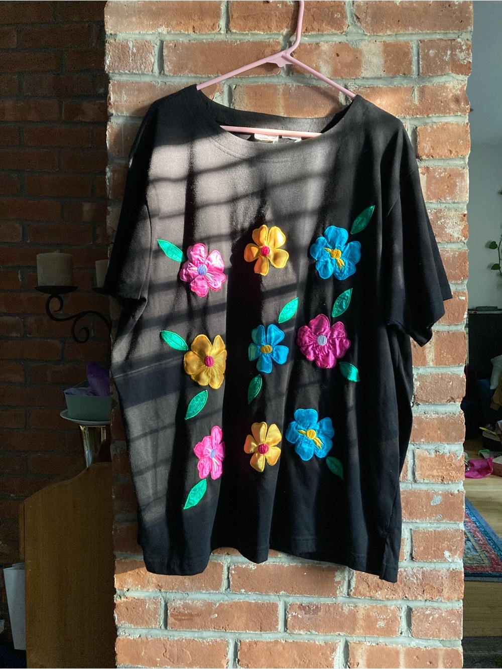 VINTAGE Bobbie Brooks Black Short-Sleeve Tee with Multicolor Floral Appliqués